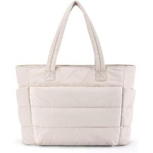 White‎ Tote Bag for Women, Lightweight Puffy Tote Bag with Compartments